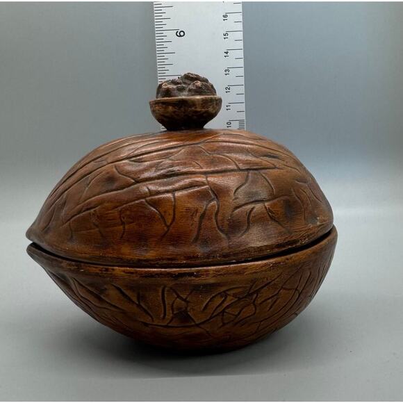 Vintage Signed Walnut Ceramic Dish with Lid Walnut handle On Lid Fred Hall 1970 - Picture 5 of 13